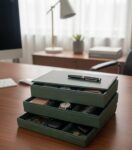 Beige Faux Leather Set of 3 Stack Tray With Lid/3 tier organiser