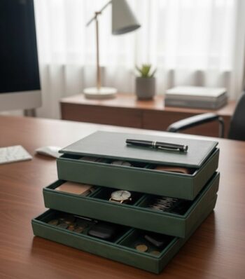 Beige Faux Leather Set of 3 Stack Tray With Lid/3 tier organiser